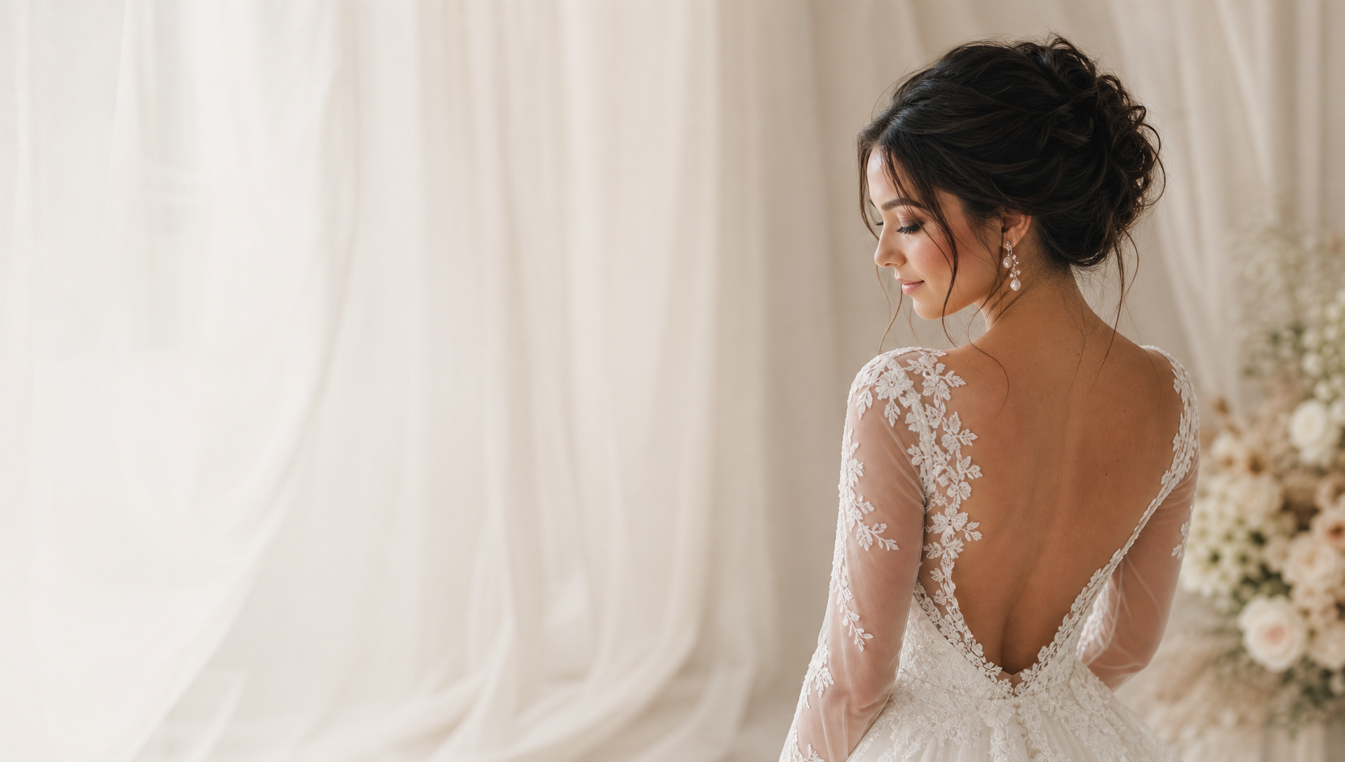 Elegante bruid met romantische updo en kanten trouwjurk, bridal hair & make-up door Lado Bridal
